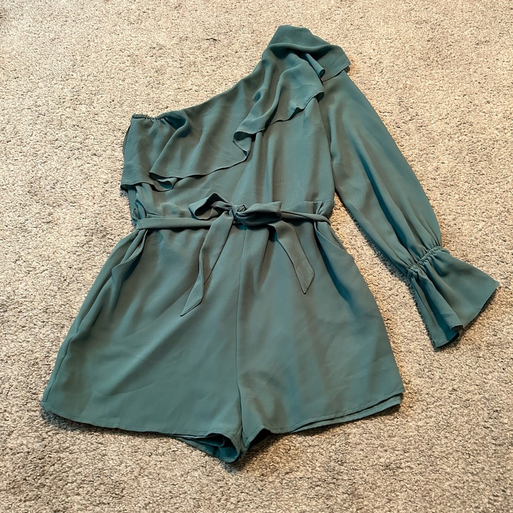 Naked Zebra One Shoulder Ruffle Romper Teal Green Belted Dressy Size S